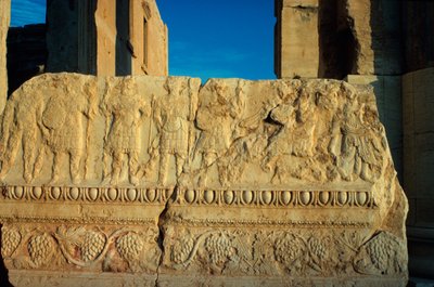 Sarcophagus panel with military figures carved in low relief by Roman
